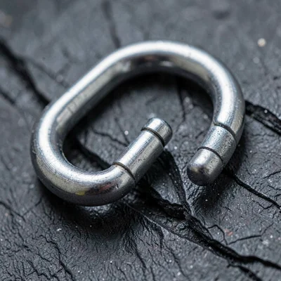 Macro study of a brushed-metal carabiner gate against charcoal stone, deep toole