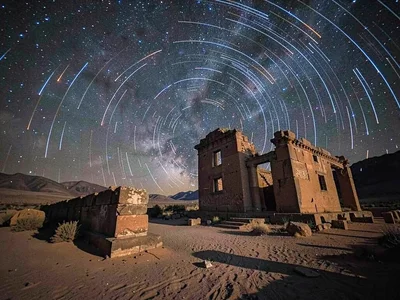 Trails over ancient ruins showing time passing