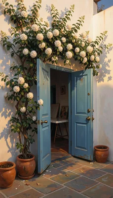 Oil painting on wood panel, luminous and intimate, Tunisian Mediterranean settin