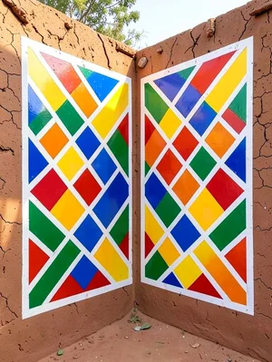Corner of a painted mud building — two walls meeting, bold geometric pattern on 