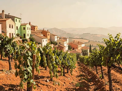 Midday terraced vineyard with bone-bleached terracotta soil, leaves drooping in 