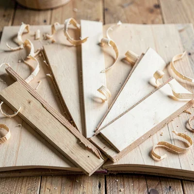 Inside spread flat-lay of joinery offcuts arranged in a soft fan, shavings curli