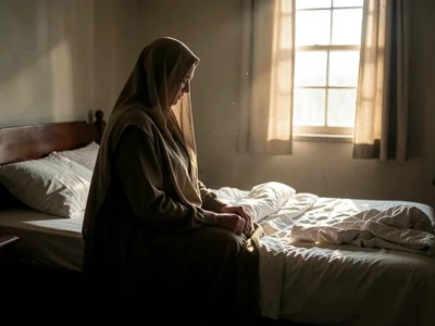 Widow sitting on edge of unmade bed, window light falling on empty pillow