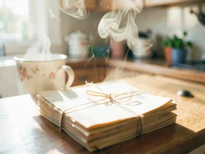 Stack of old letters tied with ribbon on a kitchen table, morning steam from a t