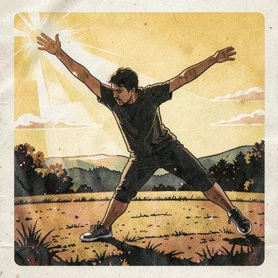 Risograph-style illustration, person stretching in morning , spot color layer si