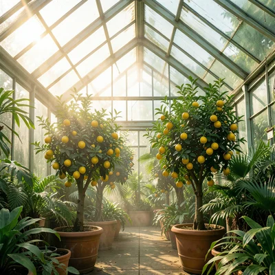 A citrus greenhouse: lemon and orange trees in large pots, fruit ripening, the M