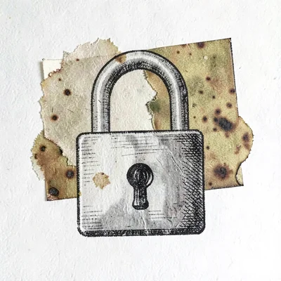 Illustration of a padlock with hatched shading, swatch of patinated brass behind