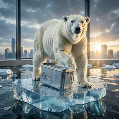 Heroic polar bear on an ice floe that is clearly a floating cooler