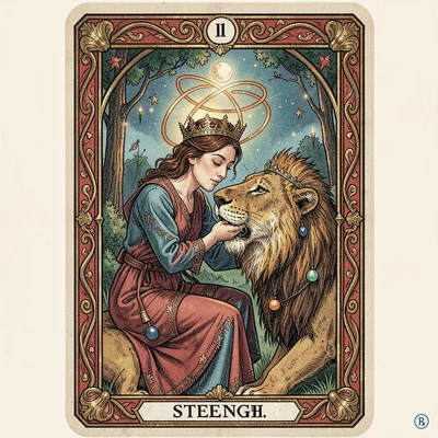 Tarot card illustration, Strength gently closing lion's mouth, infinity crown , 