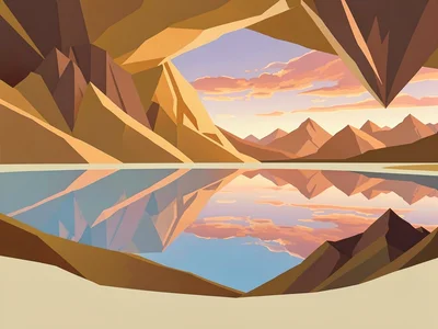 Copper sky reflects off a still highland lake in a cream salt basin, ochre peaks
