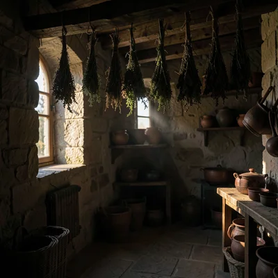 Dramatic natural light streaming through stone openings, deep chiaroscuro shadow
