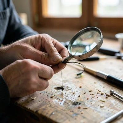 Close-up of hands tying fly fishing lure, workbench, magnifying glass