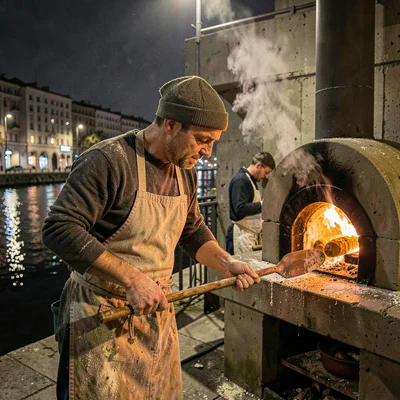 Belgrade brutalist night and Danube reflections, Baker sliding loaves into wood-