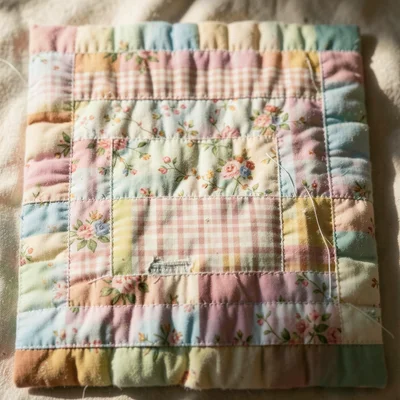 A vintage quilt square showing a log cabin pattern, concentric rectangles of dif