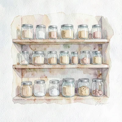 Soft wash of a wall shelf with neat rows of canisters and jars