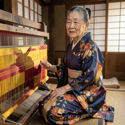 Through the textile eye of Kyoto, woven and dyed, An elderly woman kneeling at a