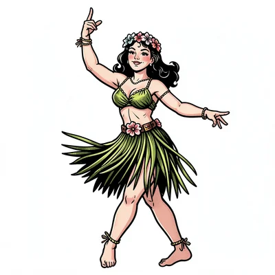 Traditional tattoo flash illustration, Hula dancer girl in grass skirt , bold bl