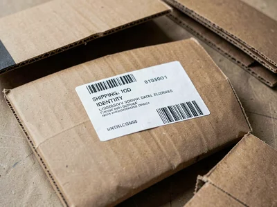 Shipping label with tracking barcode, package identity, logistical poetry