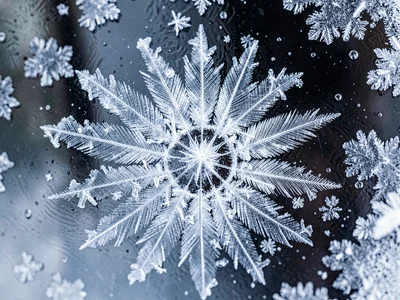 Ice feathers growing outward from nucleation point on window