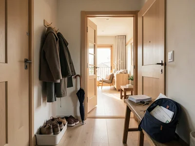A mudroom or entryway at the end of a family's day — four pairs of shoes in a ro