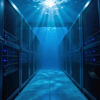 Deep oceanic blue saturation, light filtering through density, Data center serve