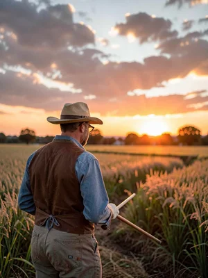 Farmer against sunrise field
