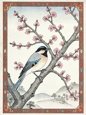Magpie on a branch of a plum tree in early spring blossom