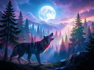 Wolf howling silhouette containing dense pine forest and moonlight, double expos