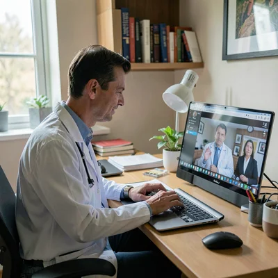 Documentary photography, unposed moment, Doctor conducting video consultation on