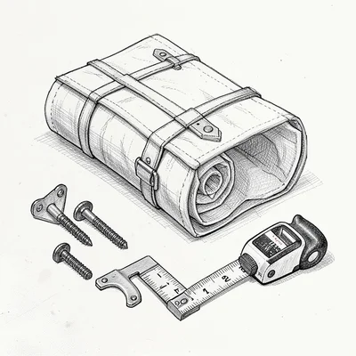 Pen-and-ink composite of a fence-builder tool roll with hinge brackets, lag scre