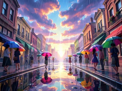 Rain falling upward from puddles back into clouds, city street, people with inve