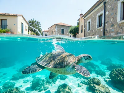 Sea turtle swimming just below the surface, its shell breaking through to the ai