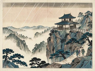 Monastery on a cliff ledge, mist filling the valley below, monks walking the out