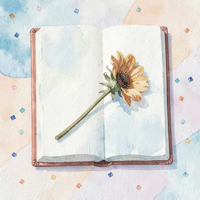 Soft gouache ig-tile of a journal with a single dried flower laid across the pag