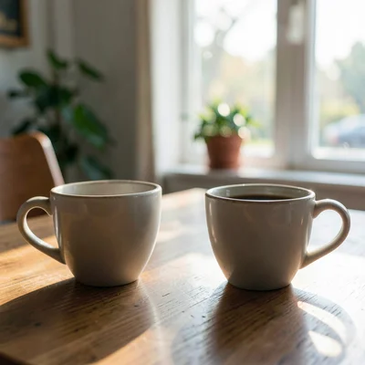 Two coffee cups on a table, one empty one full, morning after a difficult conver