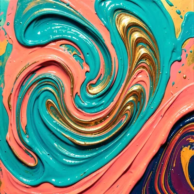 Swirling liquid paint in vibrant teal, coral, and gold mixing together