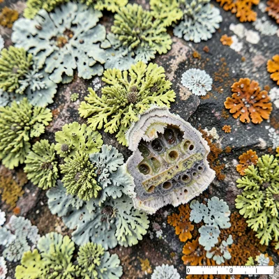 Lichen cross-section view at torn edge, layered internal structure visible: cort