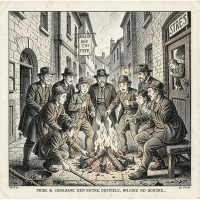 Street urchins gathered around a fire