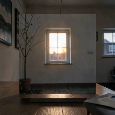 Atmospheric story-card of a clinic at dusk with a single window glowing softly, 