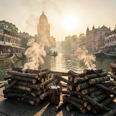 Sacred smoke catching golden Ganges light in Varanasi, Stack of firewood for cre