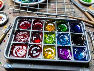 Detail of workshop tray — filled enamel cells at various firing stages, wire too