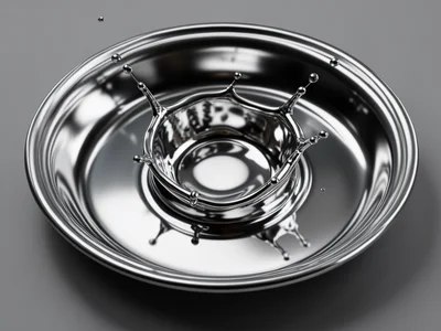 Liquid chrome in shallow tray, surface tension creating meniscus curve at edges,