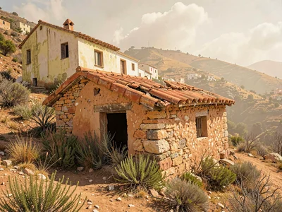 Abandoned dry-stone hut on a sun-blasted hillside, roof half collapsed in baked 