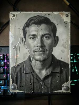 Mechanical keyboard with RGB lighting, keycaps detailed, tintype aesthetic with 