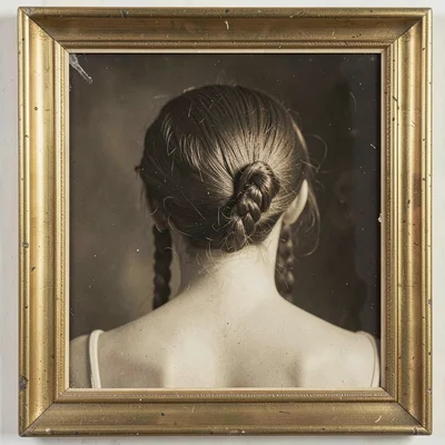 Close-up of a woman's braided hair and nape of neck — back of head, collodion gr