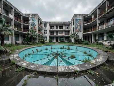 Drained Circular Pool with Cracked Turquoise Mosaic