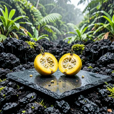 Stark black volcanic surfaces against verdant green, Fresh lilikoi cut in half s