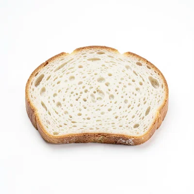 Single slice of white bread on white background, studio lit to emphasize every p