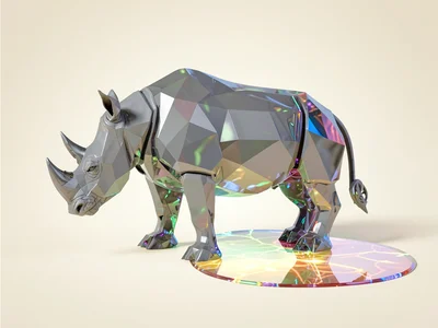 Gray glass rhinoceros standing in profile on a soft cream gradient with a single