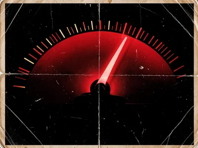VU meter needle swinging into the red zone, backlit scale markings